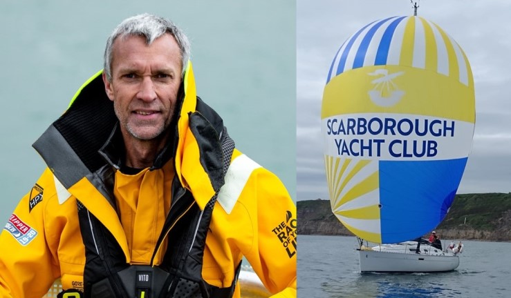 Collage - portrait of yachtsman Guy Waites alongside a picture of a boat flying the spinnaker he will be using in the Golden Globe Race, emblazoned with the Scarborough Yacht Club logo in recognition of their sponsorship.