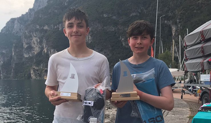Ruairi Herrington and Ben Homer with their prizes at the Topper Worlds in Garda.