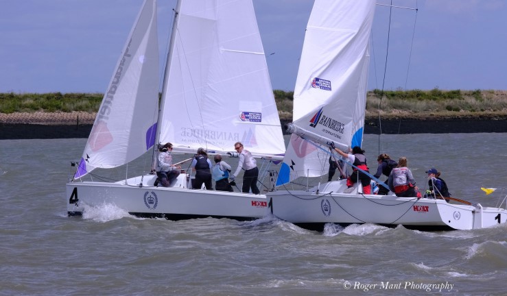 Two teams dueling downwind in 707s at RYA Match Racing Summer Series 1, Royal Corinthian YC Burnham on Crouch 2022