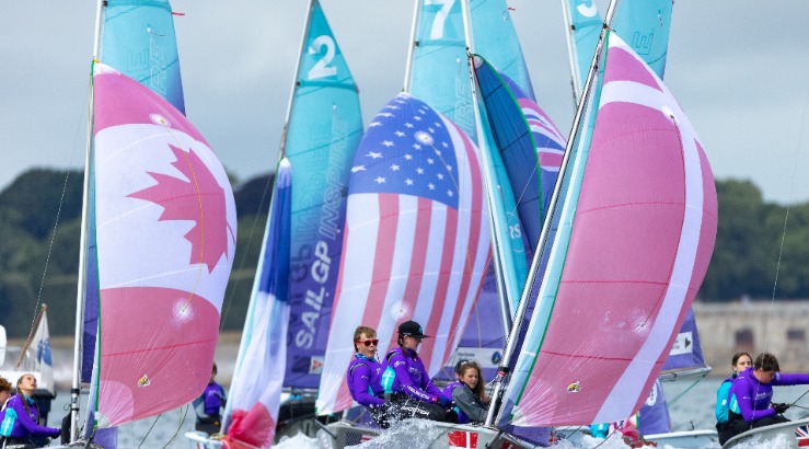 RSFevas sail-by with spinnakers flying at SailGP 22 in Plymouth