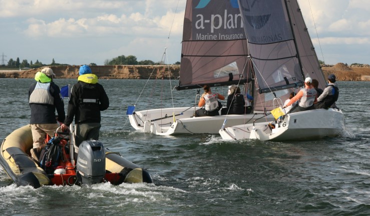 Two teams match racing in RS21s at the RYA Summer Match Racing 2022 event held at Queen Mary SC, Sept 2022
