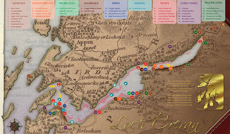 An excerpt of the Loch Creran Map showing areas of marine biodiversity and Marine Protected Areas.