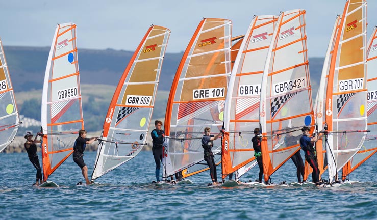 wideshot of youths windsurfing