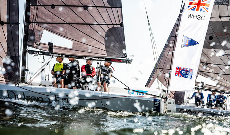 Picture of sailors from West Hoe and Marconi sailing clubs with a union jack on shore at the SAILING Champions League Poland.