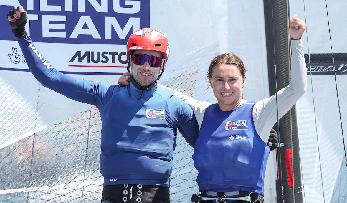 John Gimson and Anna Burnet cheering in boat at Marseille test event