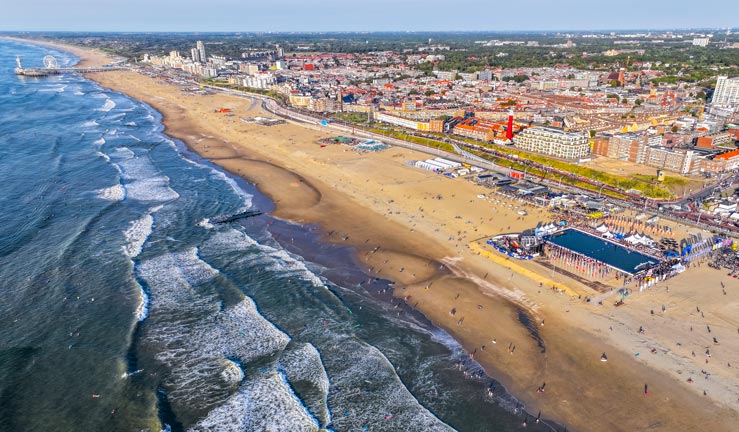 Drone shot of the beach at the hague for the sailing world championships 2023