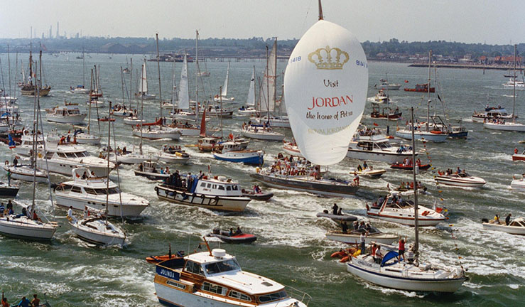 Original Maiden skipper Tracy Edwards (left) with Maiden skipper for the Ocean Globe Race 2023, Heather Thomas, smiling in red Maiden Factor T shirts.