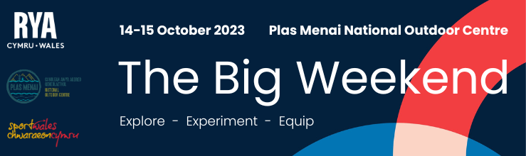 Banner graphic for The Big Weekend in blue and red with date 14-15 October and location at Plas Menai, strapline Explore, Experiment, Equip, and logos for RYA Cymru Wales, Sport Wales and Plas Menai.