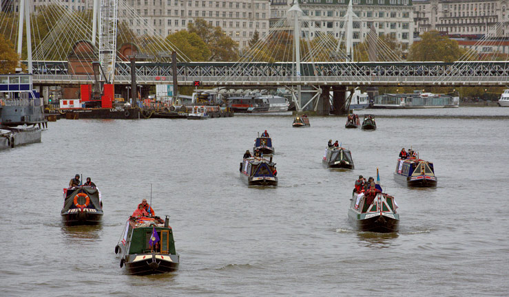 Flotilla of boats outside Westminster - Fund Britain's Waterways