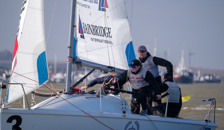 Robby Boyd's team in action at qualifier 2 of the RYA Match Racing Series in 707 keelboats at Royal Corinthian Yacht Club.