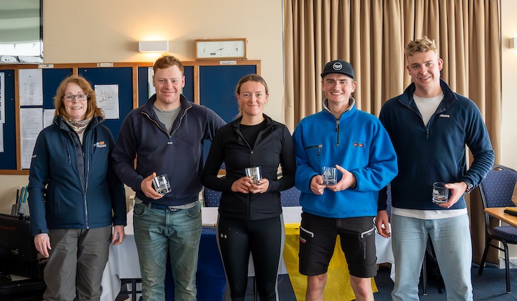 Winning team from the second qualifier of the RYA Match Racing Series 2024, at the prize giving: Left to Right: Ben Childerly, Maddie Kirk, Andrew Pimm, Robby Boyd